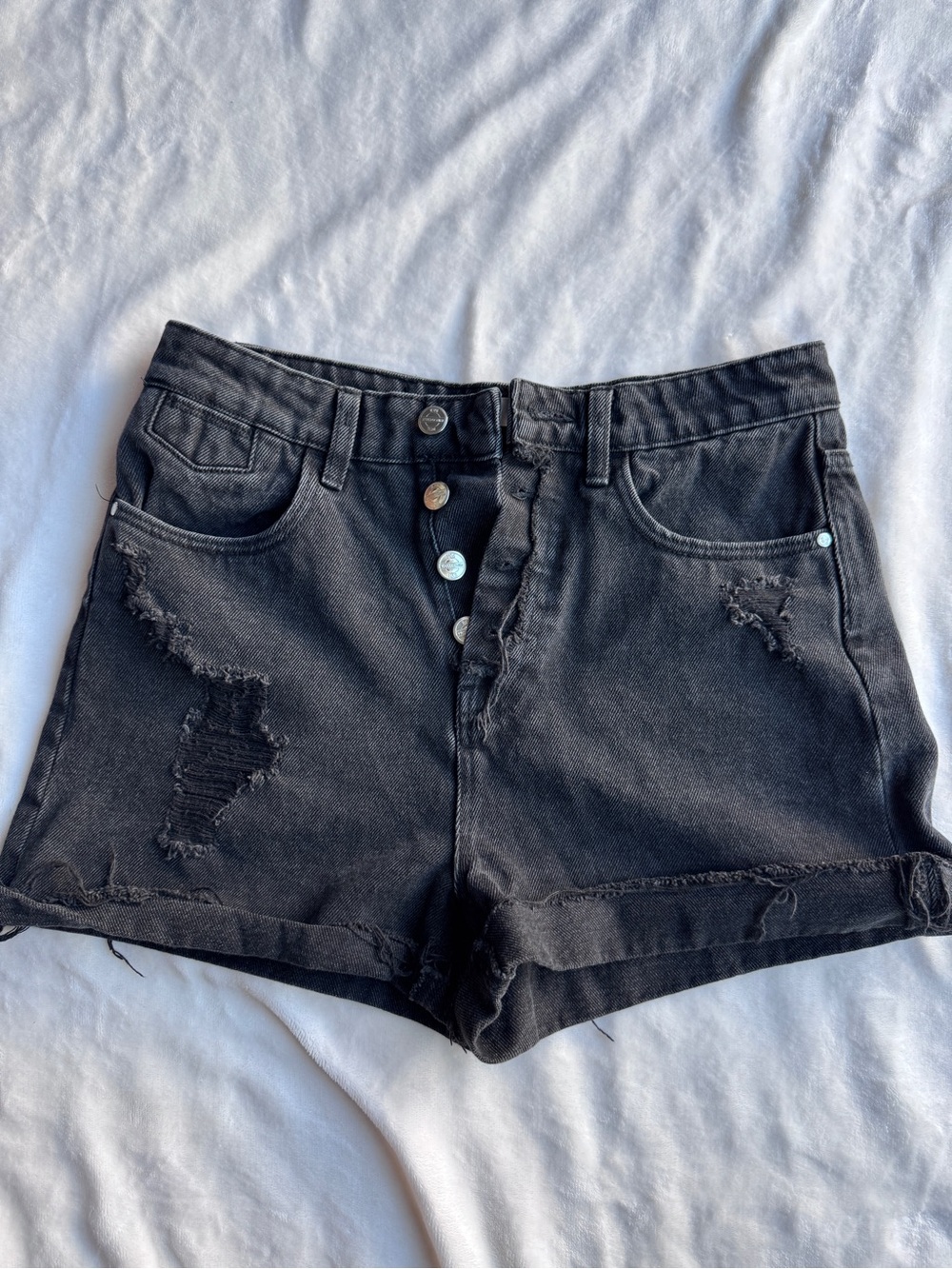 Zara Black High-Waist Distressed Denim Shorts